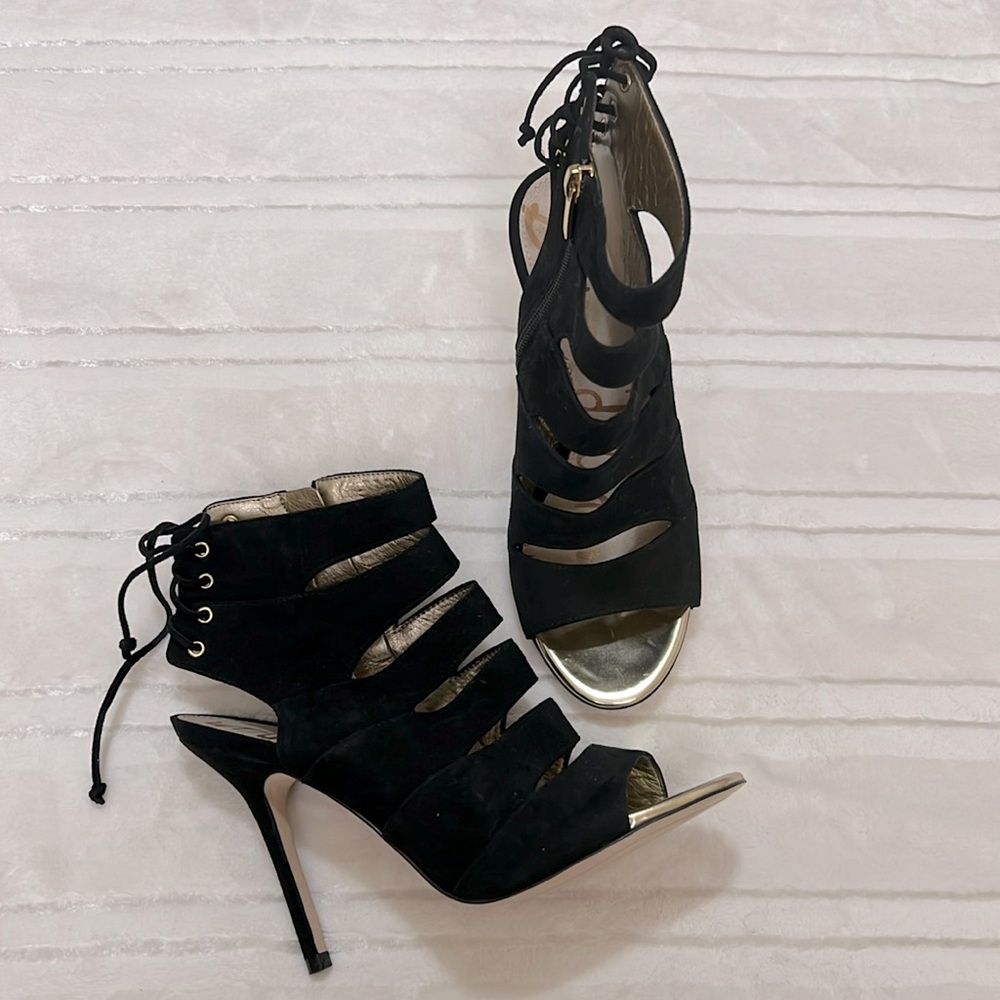 Sam Edelman NY Anastasia Gold Black Suede CutOut Open Toes High Heels